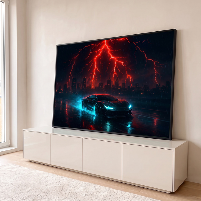 Carro esportivo preto com neon azul em pista molhada sob raios vermelhos e skyline, quadro decorativo