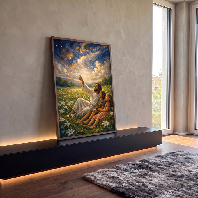 Quadro Decorativo Grande Jesus com Crianças para Sala Azul | quadros decorativos para sala | homem de túnica branca aponta para céu estrelado dourado ao lado de duas crianças num campo florido | em Quadros para Sala | Porao dos Quadros
