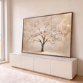 Quadro Decorativo Grande Árvore Florida para Sala Dourado | quadros decorativos para sala | árvore com flores brancas e miolos dourados sobre fundo bege com brilhos | em Quadros para Sala | Porao dos Quadros