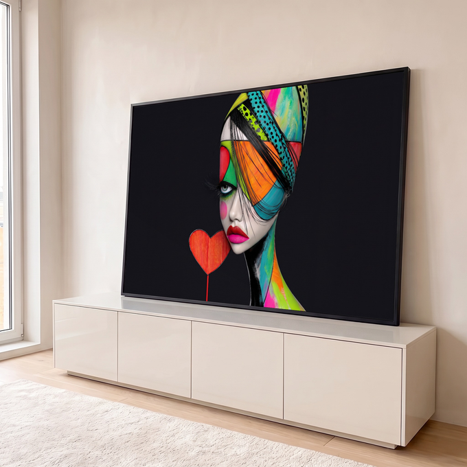 Mulher pop art com turbante colorido, lábios rosa e coração vermelho em fundo preto, quadro decorativo