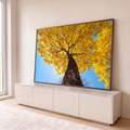 Ipê amarelo florido visto de baixo, tronco largo e céu azul com sol entre os galhos, quadro decorativo