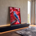 Gaio-azul pousado em galho seco com fundo vermelho desfocado em bokeh, quadro decorativo