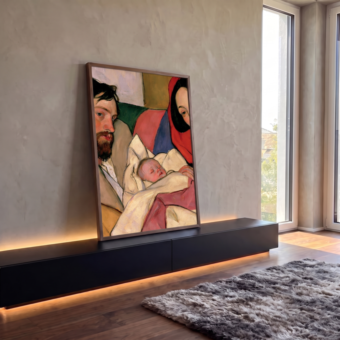 Quadro Decorativo Família com Bebê em Cores Fortes Estilo | quadros decorativos para sala | homem, mulher de véu vermelho e bebê dormindo em pintura de cores fortes | em Quadros para Sala | Porao dos Quadros
