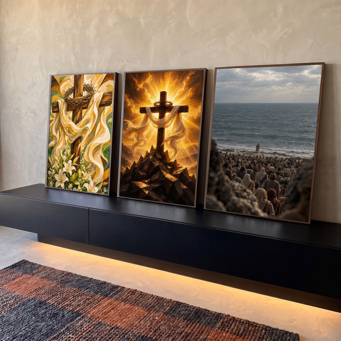 Quadro Decorativo Kit 3 Telas Cruz para Sala Dourado | quadros decorativos para sala | cruz de madeira com coroa de espinhos e luz dourada ao lado de multidão à beira-mar | em Quadros para Sala | Porao dos Quadros