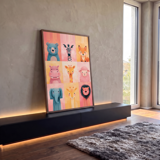 Nove animais fofos ilustrados em grade com fundo rosa e amarelo pastel, quadro decorativo