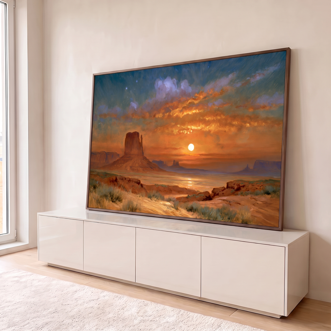 Quadro Decorativo Pôr do Sol no Vale dos Monumentos | quadros decorativos para sala | pôr do sol dourado sobre torres rochosas de deserto com céu estrelado | em Quadros para Sala | Porao dos Quadros