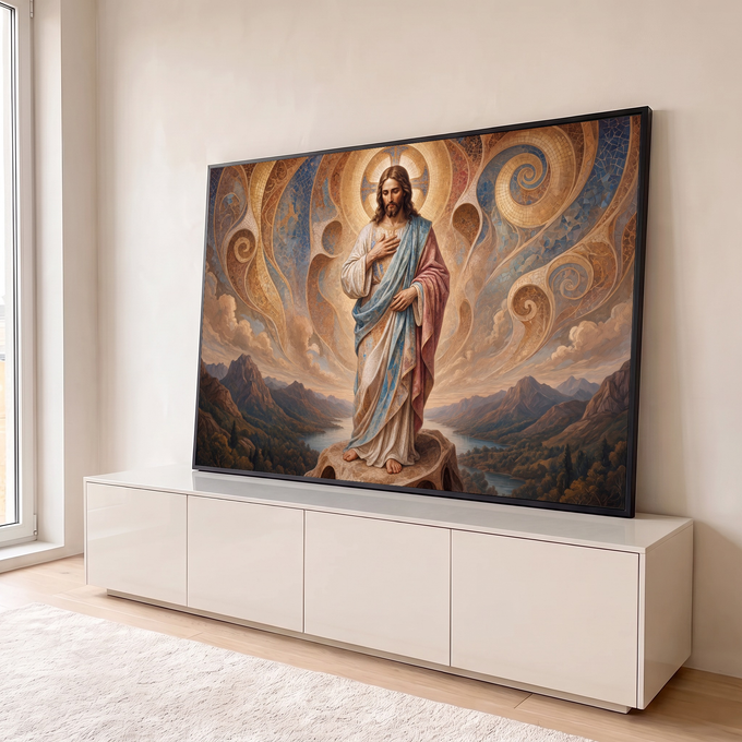 Quadro Decorativo Grande Jesus Cristo Manto Azul para Sala | quadros decorativos para sala | Jesus Cristo de mantos azul e vermelho com auréola dourada sobre montanhas | em Quadros para Sala | Porao dos Quadros