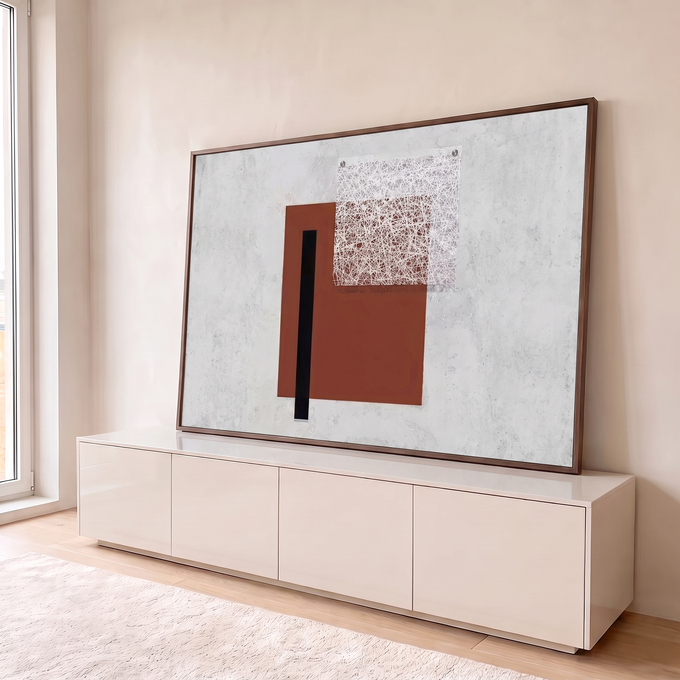 Bloco terracota, faixa preta e trama branca sobre concreto cinza em estilo Bauhaus, quadro decorativo