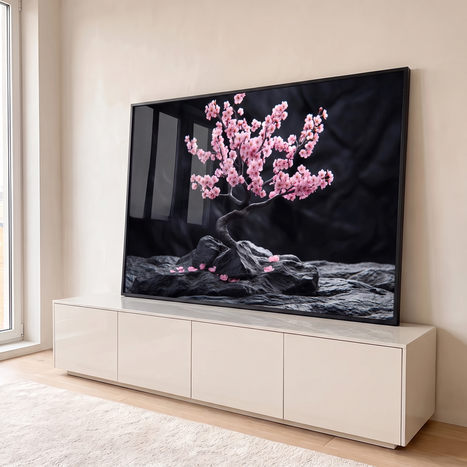 Bonsai de cerejeira com flores rosa sobre rochas negras e fundo preto, estilo japonês, quadro decorativo