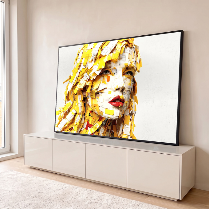 Rosto de mulher formado por blocos amarelos e brancos com lábios vermelhos, quadro decorativo