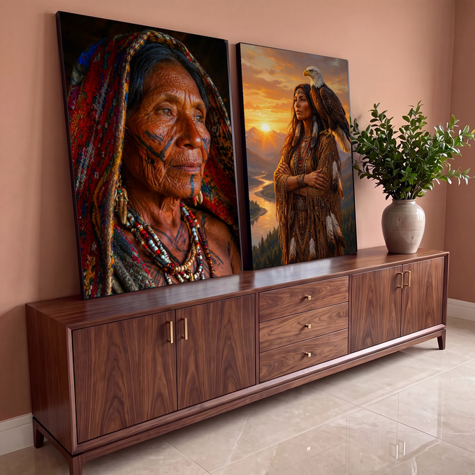 Quadro Decorativo Kit 2 Telas Mulher Indígena para Sala | quadros decorativos para sala | díptico com mulher indígena idosa tatuada e mulher com águia careca ao pôr do sol | em Quadros para Sala | Porao dos Quadros