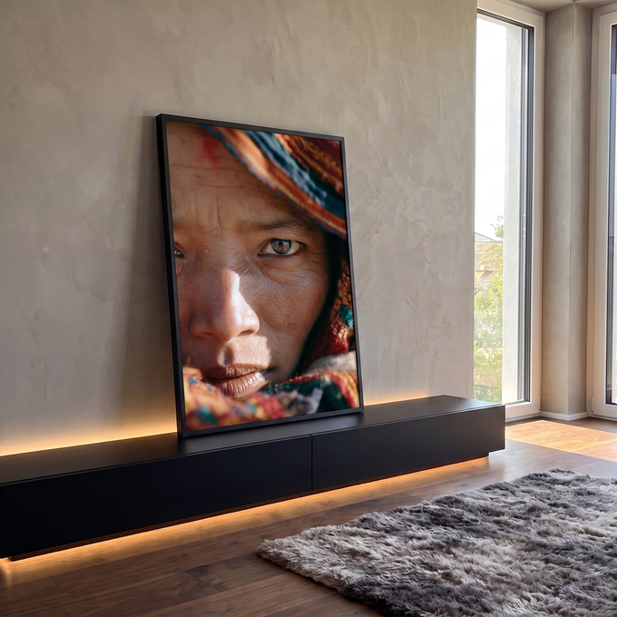 Quadro Decorativo Retrato em Close com Lenço Colorido | quadros decorativos para sala | close de rosto com olho verde-azulado e lenço colorido cobrindo a cabeça | em Quadros para Sala | Porao dos Quadros