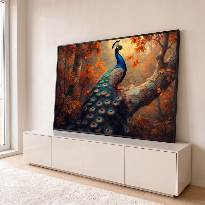 Pavão de plumagem azul e verde pousado em galho entre folhas laranja de outono, quadro decorativo