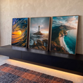 Quadro Decorativo Kit 3 Telas Mar Farol para Sala Azul | quadros decorativos para sala | tríptico com onda do mar, farol em rochas e praia vista do alto ao entardecer | em Quadros para Sala | Porao dos Quadros
