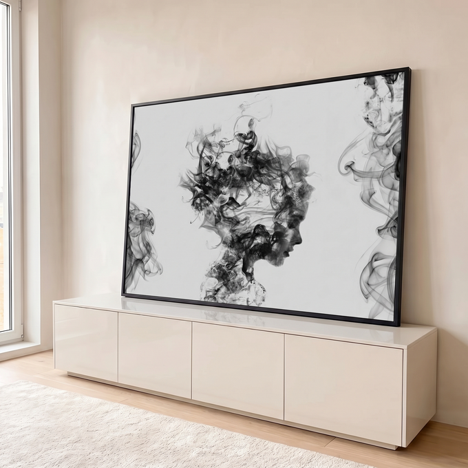 Quadro Decorativo Grande Rosto de Fumaça para Sala Preto | quadros decorativos para sala | perfil de rosto formado por fumaça preta sobre fundo branco | em Quadros para Sala | Porao dos Quadros