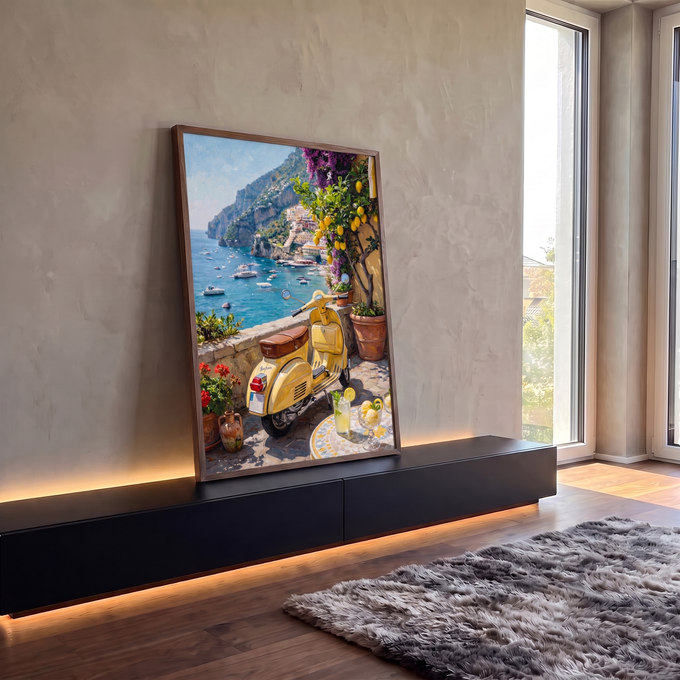 Vespa amarela em terraço com limoeiro e vista da Costa Amalfitana, pintura a óleo, quadro decorativo