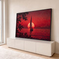 Quadro Decorativo Grande Veleiro ao Pôr do Sol Mar para Sala | quadros decorativos para sala | veleiro em silhueta diante de sol vermelho intenso sobre o mar | em Quadros para Sala | Porao dos Quadros