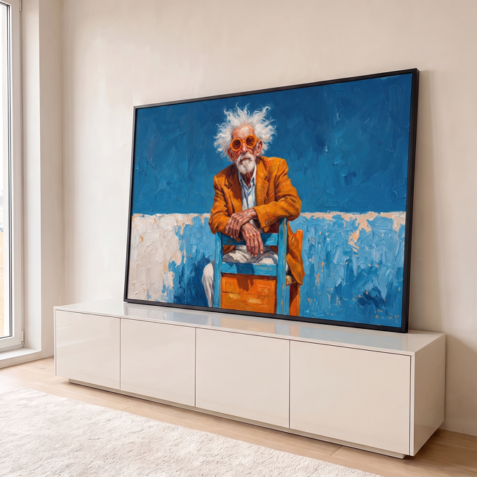 Senhor de cabelo branco, óculos e paletó laranja sentado em cadeira azul, pintura a óleo, quadro decorativo