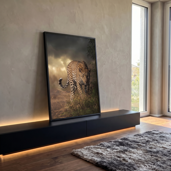 Leopardo caminhando na grama da savana sob céu escuro de tempestade com luz dourada, quadro decorativo