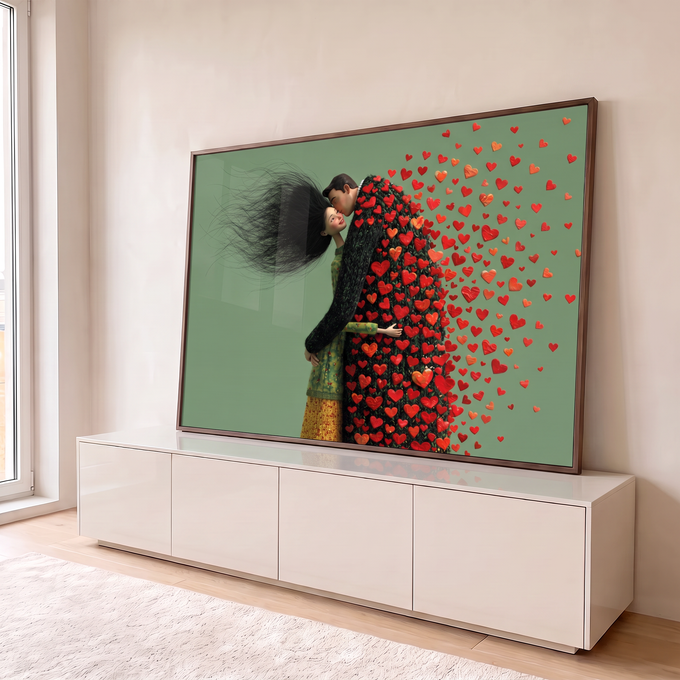 Casal abraçado com beijo na testa e corações vermelhos voando sobre fundo verde, quadro decorativo