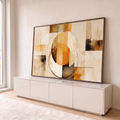 Quadro Decorativo Grande Abstrato Geometrico para Sala | quadros decorativos para sala | círculos sobrepostos em laranja e bege com blocos geométricos em aquarela | em Quadros para Sala | Porao dos Quadros
