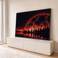Quadro Decorativo Grande Lua de Lava para Sala Preto | quadros decorativos para sala | lua em padrão de lava vermelha sobre floresta e lago refletido à noite | em Quadros para Sala | Porao dos Quadros