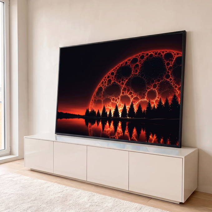Quadro Decorativo Grande Lua de Lava para Sala Preto | quadros decorativos para sala | lua em padrão de lava vermelha sobre floresta e lago refletido à noite | em Quadros para Sala | Porao dos Quadros