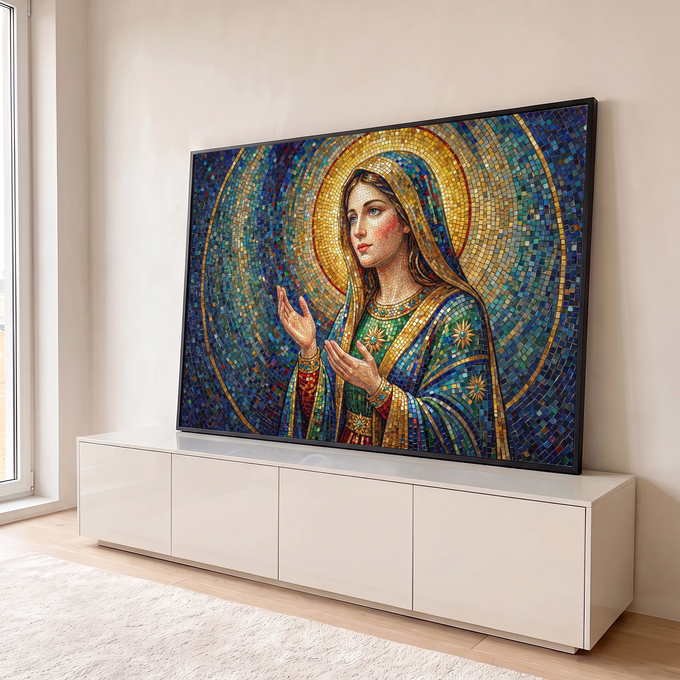 Quadro Decorativo Grande Nossa Senhora Halo para Sala | quadros decorativos para sala | Nossa Senhora em mosaico dourado e azul com mãos em oração | em Quadros para Sala | Porao dos Quadros
