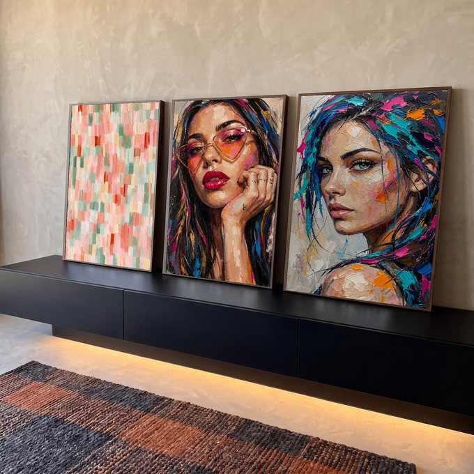 Quadro Decorativo Kit 3 Telas Retratos Femininos para Sala | quadros decorativos para sala | duas mulheres em retrato expressionista colorido ao lado de painel abstrato pastel | em Quadros para Sala | Porao dos Quadros