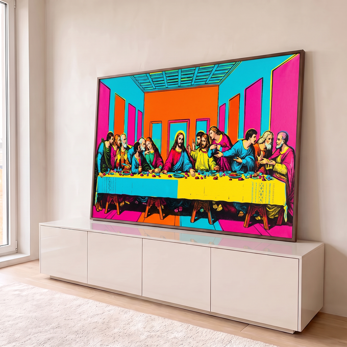 Quadro Decorativo Grande Santa Ceia Pop para Sala Rosa | quadros decorativos para sala | última ceia em estilo pop art com cores vibrantes rosa azul e laranja | em Quadros para Sala | Porao dos Quadros