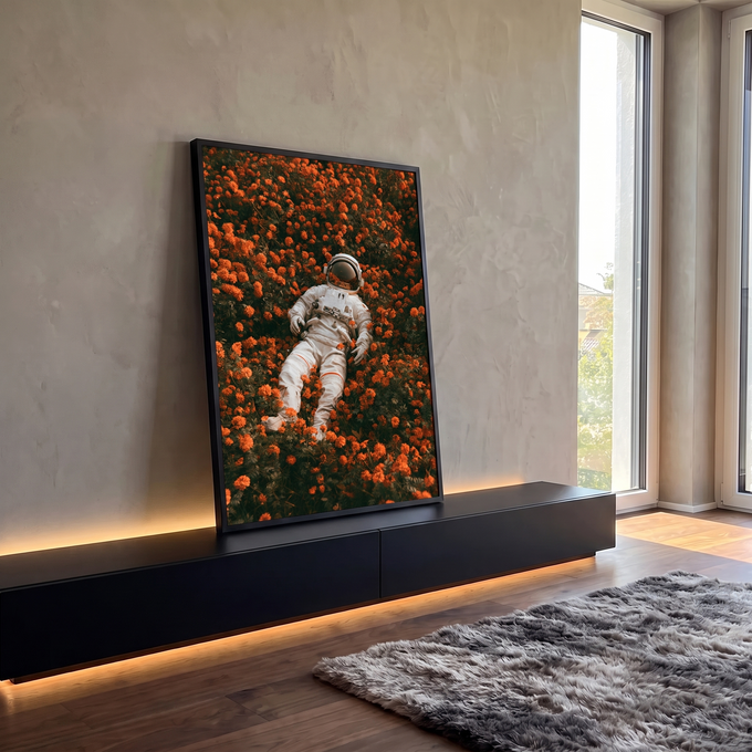 Quadro Decorativo Astronauta Deitado em Campo de Flores | quadros decorativos para sala | astronauta de traje branco deitado em campo de flores laranja vibrantes | em Quadros para Sala | Porao dos Quadros