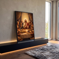 Quadro Decorativo Grande Última Ceia Dourado para Sala | quadros decorativos para sala | Jesus erguendo cálice dourado cercado por seis discípulos numa mesa com pão e uvas | em Quadros para Sala | Porao dos Quadros