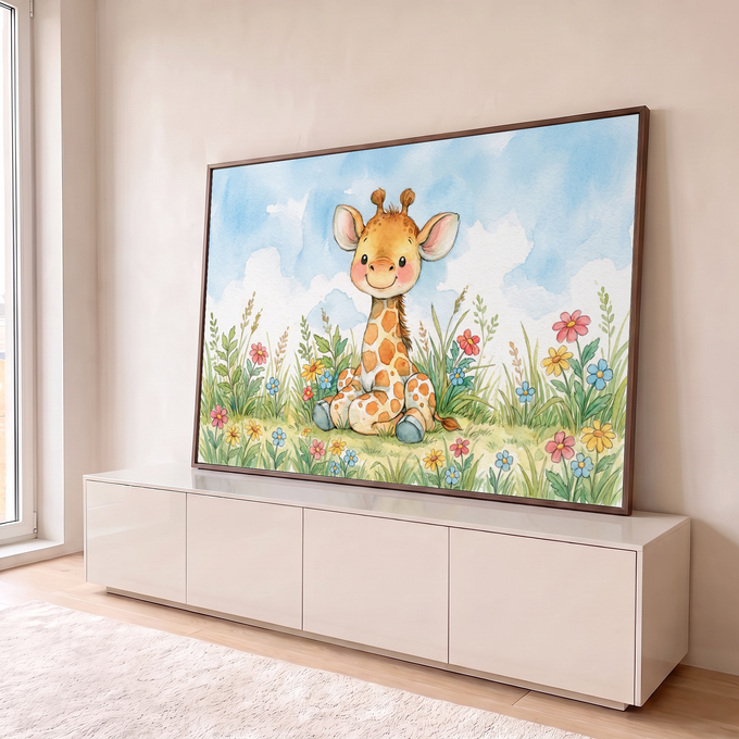 Quadro Decorativo Grande Girafinha Grama para Quarto de Bebê | quadros decorativos para sala | girafinha de aquarela sentada em campo florido sob céu azul | em Quadros para Quarto de Bebê | Porao dos Quadros