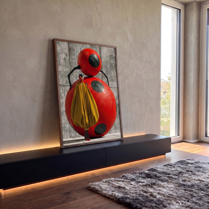 Mulher de capa mostarda diante de joaninha vermelha gigante em muro de concreto, quadro decorativo