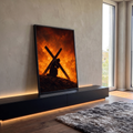 Quadro Decorativo Grande Jesus Carregando para Sala Laranja | quadros decorativos para sala | homem carregando cruz de madeira ajoelhado diante de chamas intensas | em Quadros para Sala | Porao dos Quadros