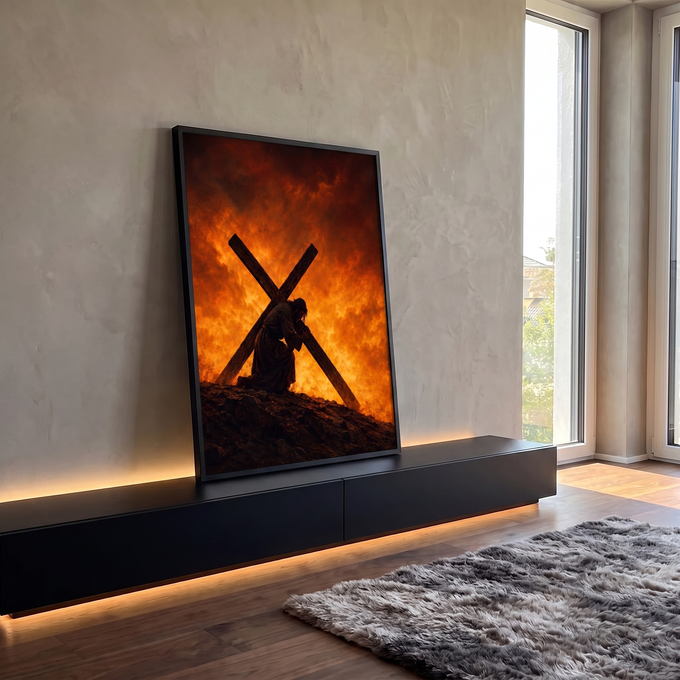 Quadro Decorativo Grande Jesus Carregando para Sala Laranja | quadros decorativos para sala | homem carregando cruz de madeira ajoelhado diante de chamas intensas | em Quadros para Sala | Porao dos Quadros