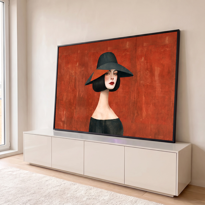 Ilustração de mulher com chapéu de aba larga, cabelo chanel e batom vermelho em fundo terracota, quadro decorativo