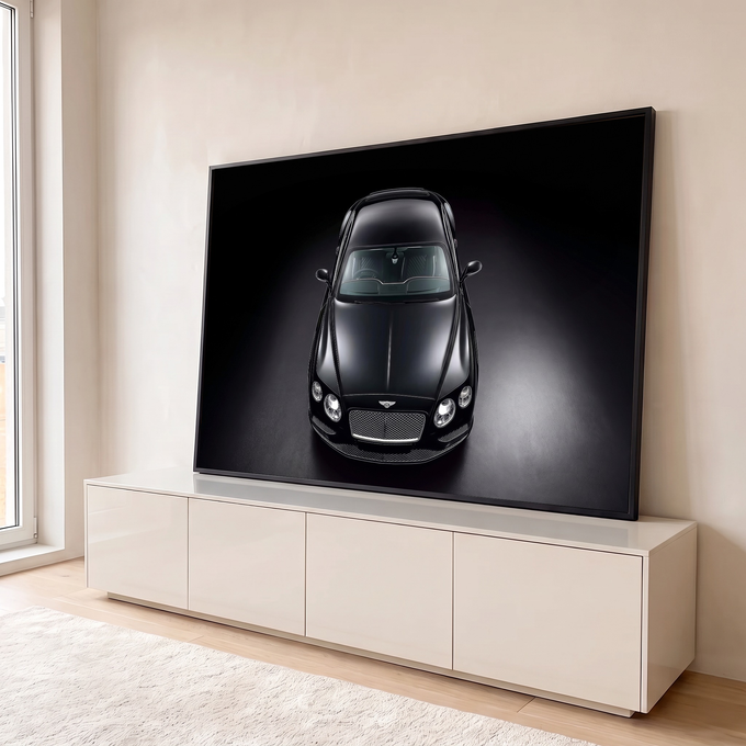 Quadro Decorativo Grande Carro Automóvel para Sala Preto | quadros decorativos para sala | carro esportivo preto fotografado de cima com faróis acesos sobre fundo escuro | em Quadros para Sala | Porao dos Quadros