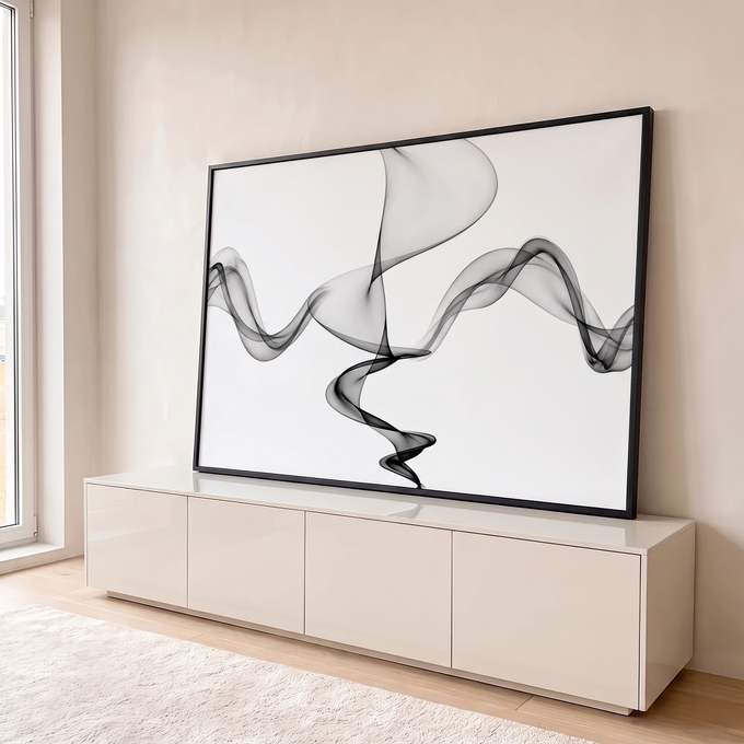 Quadro Decorativo Grande Fumaça Abstrata para Sala Preto | quadros decorativos para sala | formas de fumaça abstrata preta ondulada sobre fundo branco | em Quadros para Sala | Porao dos Quadros