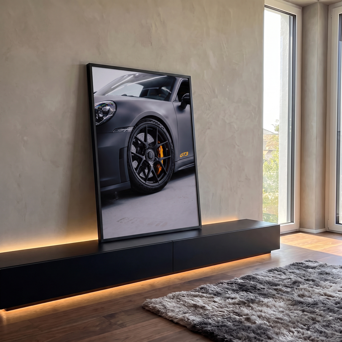 Quadro Decorativo Grande Carro Esportivo para Sala Cinza | quadros decorativos para sala | close de carro esportivo cinza fosco com roda preta e pinça de freio amarela | em Quadros para Sala | Porao dos Quadros