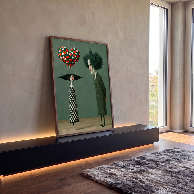 Casal de marionetes, mulher de bolinhas sob balão de coração e homem de terno xadrez, quadro decorativo