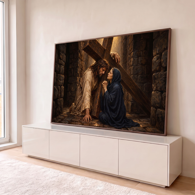 Jesus com coroa de espinhos carregando a cruz e Maria de manto azul orando em rua de pedra, quadro decorativo