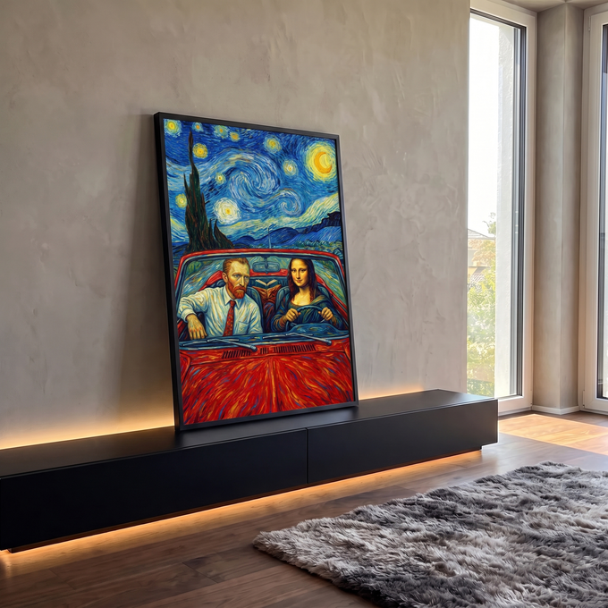 Quadro Decorativo Grande Van Gogh e Mona Lisa para Sala Azul | quadros decorativos para sala | homem e mulher estilo Van Gogh e Mona Lisa em carro vermelho sob céu estrelado | em Quadros para Sala | Porao dos Quadros