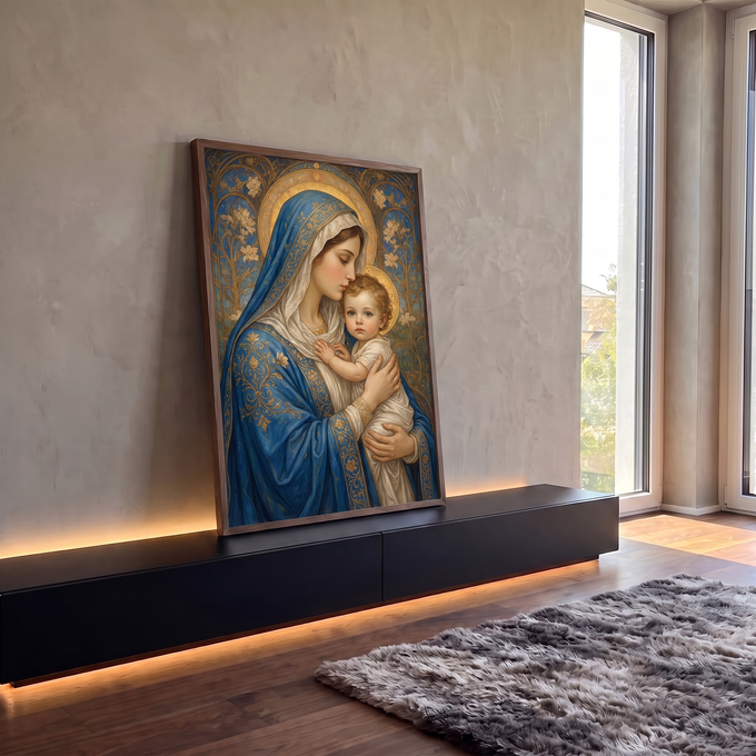 Quadro Decorativo Grande Nossa Senhora Art Nouveau para Sala | quadros decorativos para sala | Nossa Senhora de manto azul abraçando o Menino Jesus com auréolas douradas | em Quadros para Sala | Porao dos Quadros