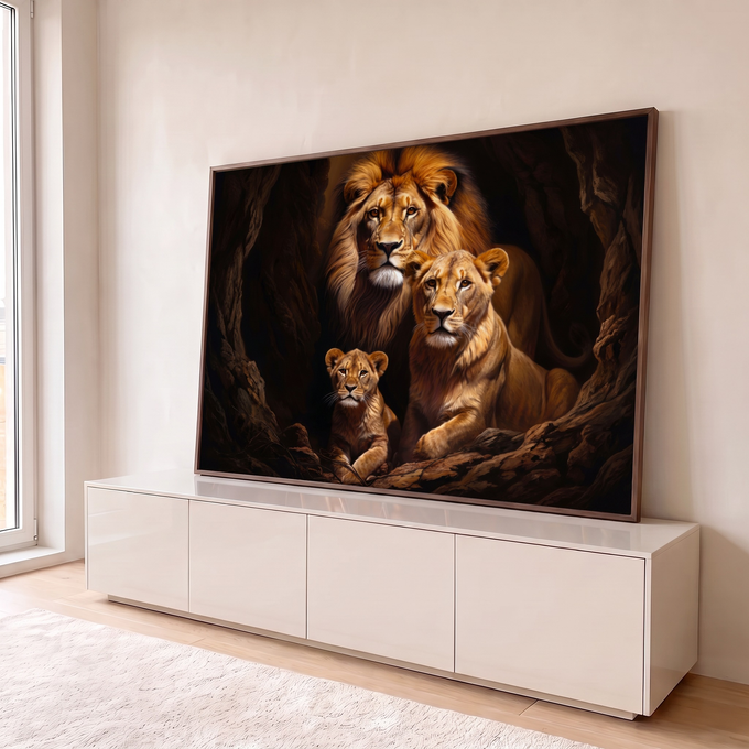 Leão de juba farta, leoa e filhote juntos em toca rochosa escura, pintura realista quadro decorativo