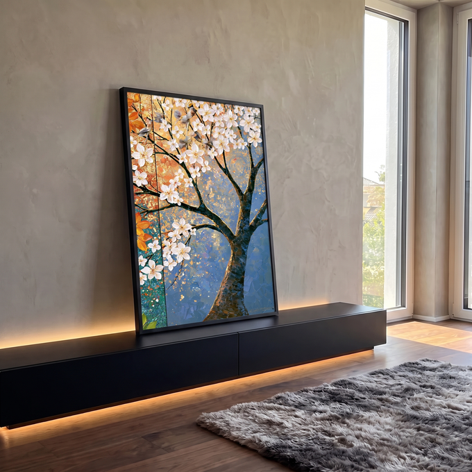 Quadro Decorativo Árvore de Flores Brancas com Fundo | quadros decorativos para sala | árvore com flores brancas e tronco em relevo sobre fundo dourado e azul | em Quadros para Sala | Porao dos Quadros