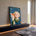 Quadro Decorativo Pequeno Príncipe com a Raposa | quadros decorativos para sala | menino loiro com raposa laranja olhando para céu estrelado com rosa vermelha | em Quadros para Sala | Porao dos Quadros