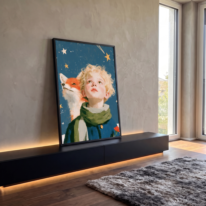 Quadro Decorativo Pequeno Príncipe com a Raposa | quadros decorativos para sala | menino loiro com raposa laranja olhando para céu estrelado com rosa vermelha | em Quadros para Sala | Porao dos Quadros