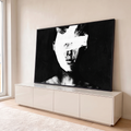 Quadro Decorativo Grande Rosto Coberto para Sala Preto | quadros decorativos para sala | rosto em preto e branco parcialmente coberto por pinceladas brancas de tinta | em Quadros para Sala | Porao dos Quadros