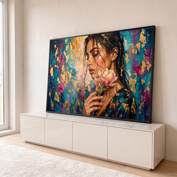 Quadro Decorativo Grande Mulher com Flor para Sala Dourado | quadros decorativos para sala | mulher de perfil com flor rosa, fundo azul e dourado em textura expressiva | em Quadros para Sala | Porao dos Quadros
